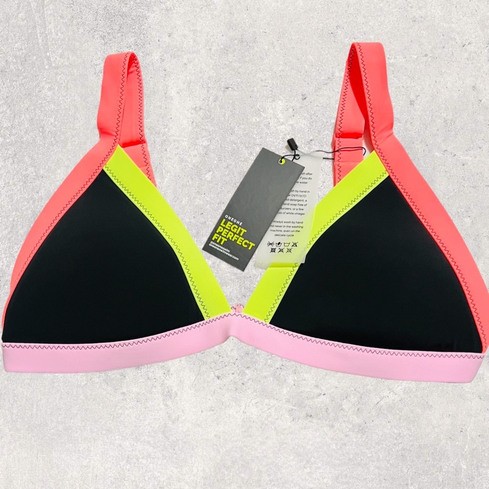 Colorblock Neon Triangle Swim Top - Black, Pink & Neon Yellow